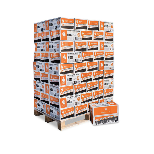 Heizfuxx Nestro Hartholz M Briketts – 972 kg Palette (81x12 kg Kartons) Premium Kamin- & Ofenbriketts